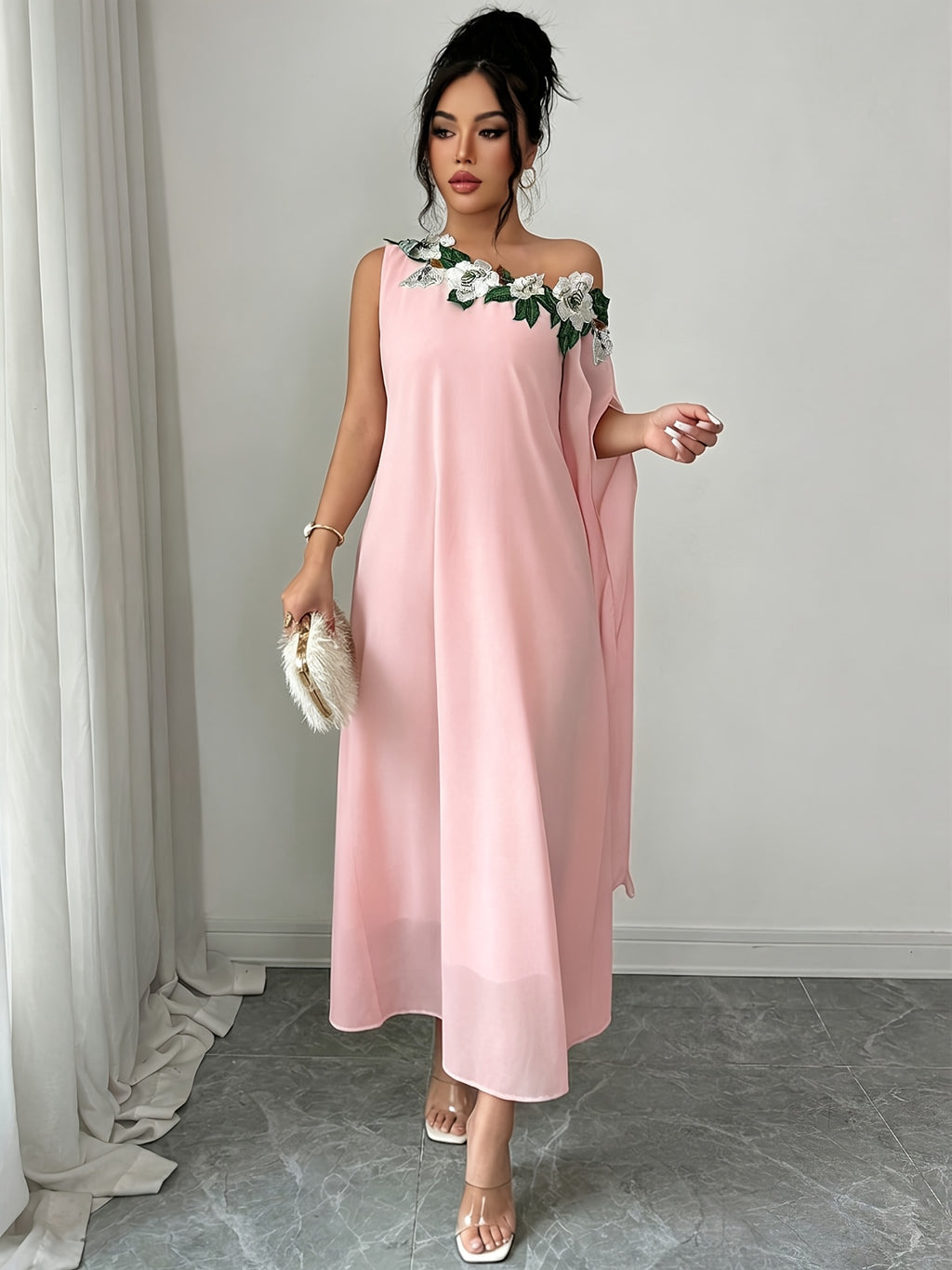 Fashionable Elegant Long Dress, Suitable for Parties And Outings, Afternoon Tea, High-End Long Dress with Embroidered Collar, Noble And Elegant Fashion - Pink