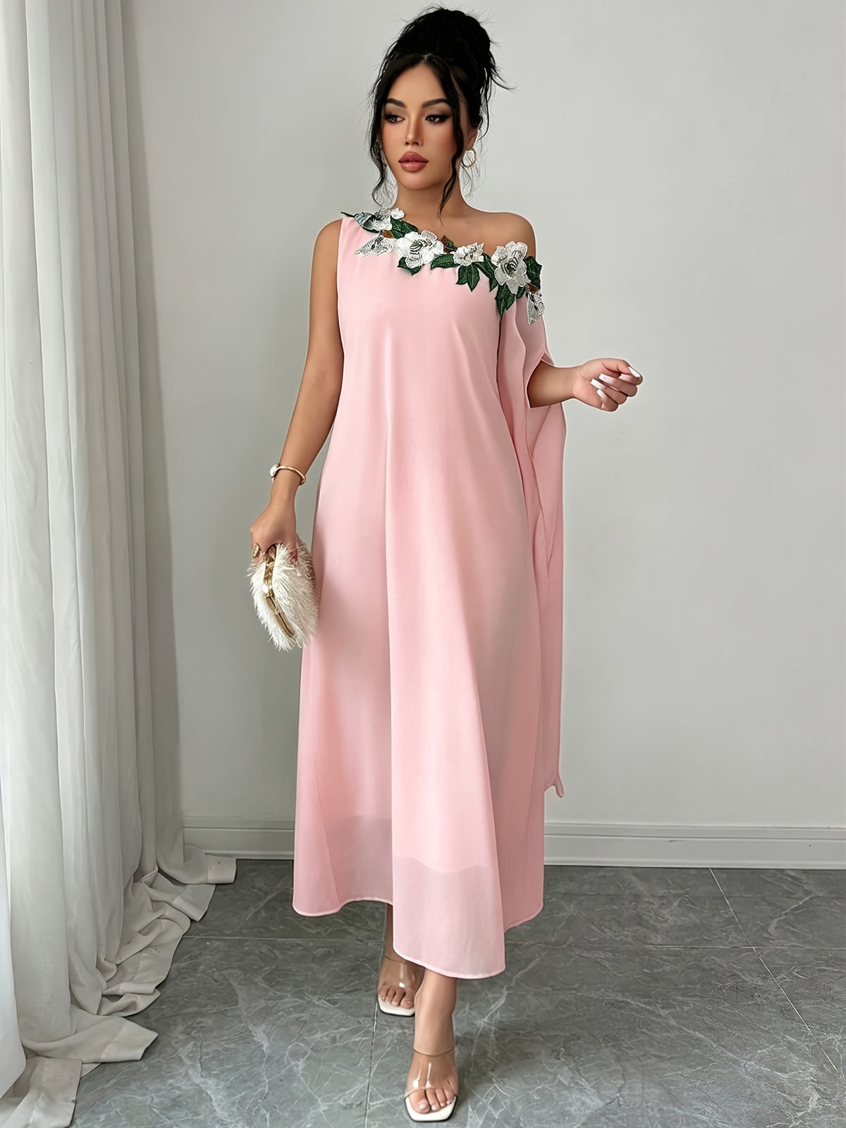 Fashionable Elegant Long Dress, Suitable for Parties And Outings, Afternoon Tea, High-End Long Dress with Embroidered Collar, Noble And Elegant Fashion - Pink