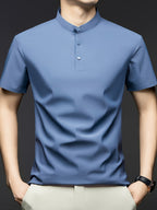 Summer Short-Sleeve T-Shirt for Men, Featuring a Solid Color, Breathable Fabric, And a Small Stand-Up Collar - Gray Blue