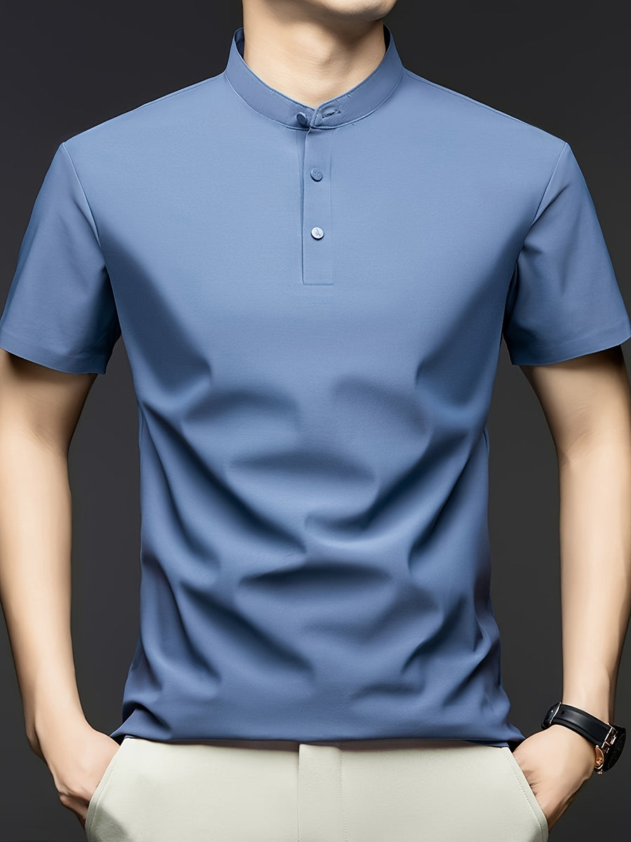 Summer Short-Sleeve T-Shirt for Men, Featuring a Solid Color, Breathable Fabric, And a Small Stand-Up Collar - Gray Blue