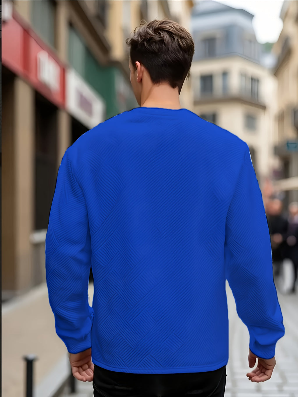 Men'S Spring Autumn Casual Long Sleeve Sweatshirt Daily All-Match Heavy Jacquard Round Neck Sweatshirt, Regular Fit, Outdoor, Crew Neck, Geometric Print - Blue