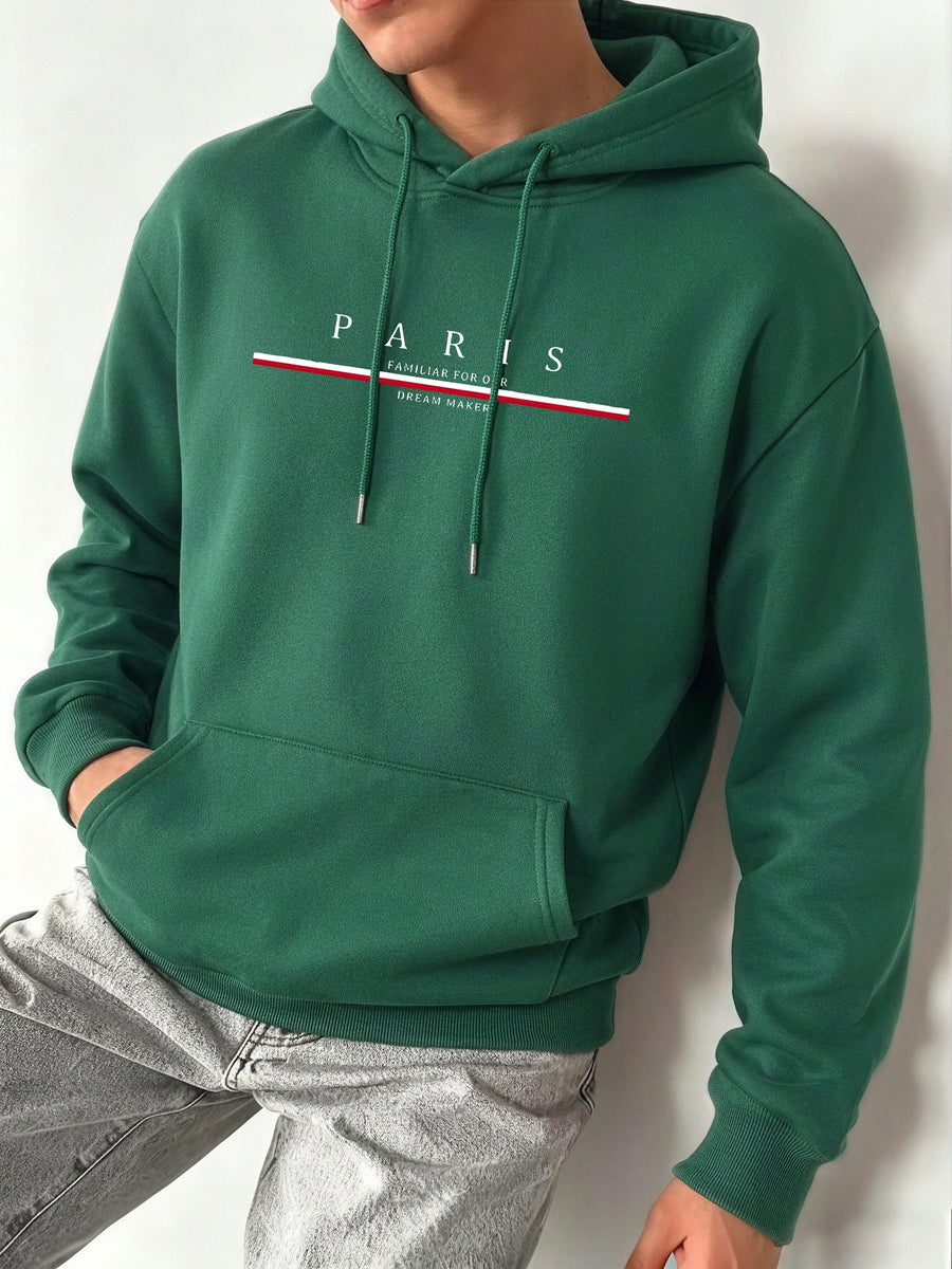 Men's Hooded Sweatshirt with PARIS Print, Comfortable, Casual, Soft, Breathable for Spring and Autumn Daily Commuting - Dark Green