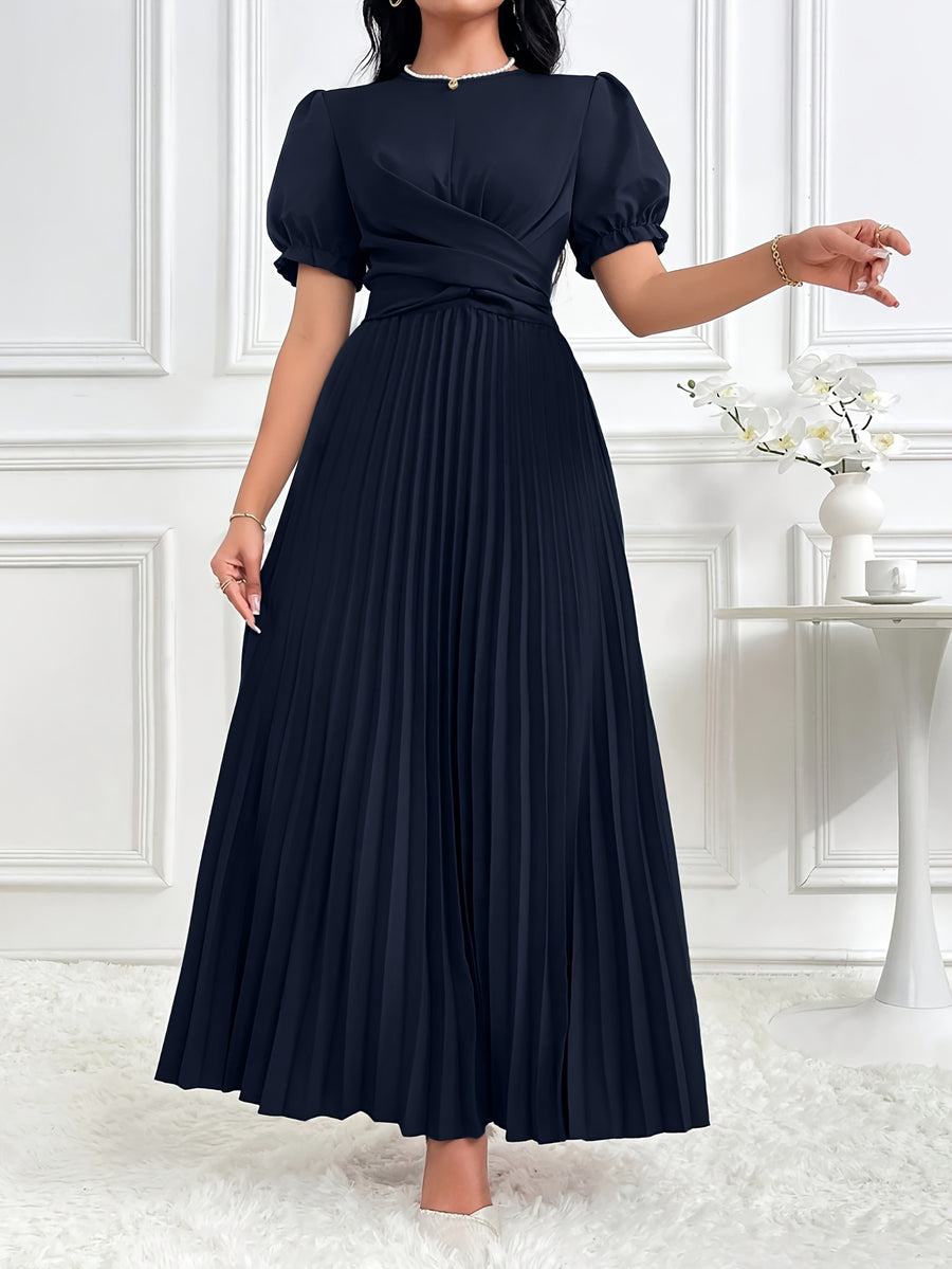 Women'S Solid Lantern Sleeve Ruffled Elegant Long Dress, Spring/Summer - Navy Color