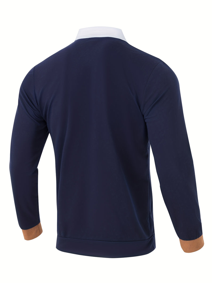 2025 Cross-Border European and American Fashion Men's Shirt Collar Long-Sleeve T-Shirt, Pocket Patchwork; Cuff Patchwork Style; Casual Long-Sleeve Lapel Polo Shirt;, Regular Fit, Autumn, Daily - Navy Color