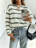 Women'S Green And White Striped Round Neck Loose Casual Basic Long Sleeve Top, Suitable for Daily Home Wear - Military Green