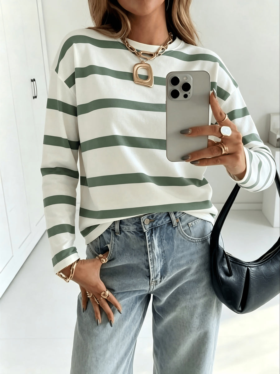 Women'S Green And White Striped Round Neck Loose Casual Basic Long Sleeve Top, Suitable for Daily Home Wear - Military Green