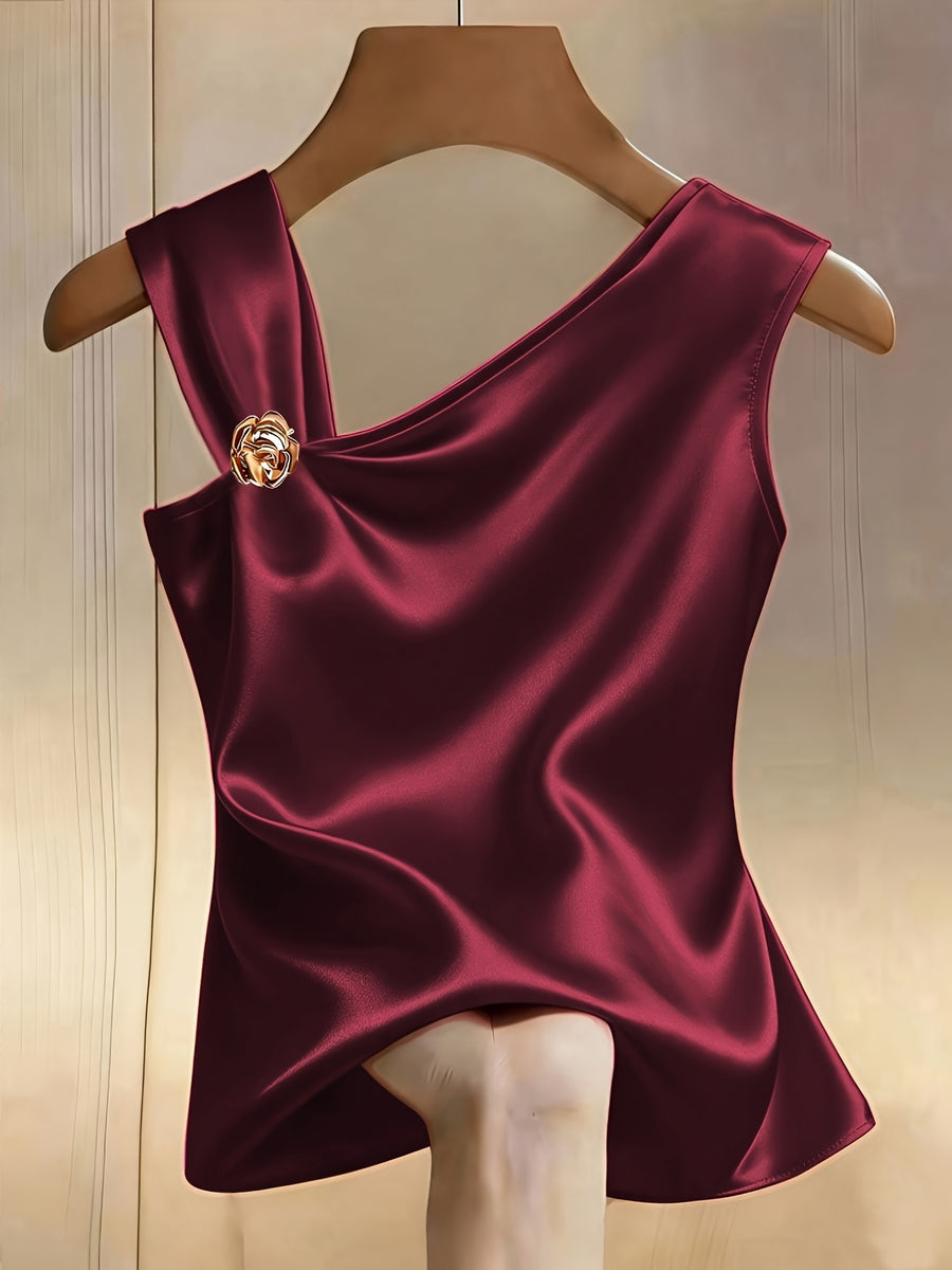 Women'S Elegant Asymmetrical Shoulder Textured Fabric Rose Floral Decoration Button Niche Design Vest Top - Burgundy