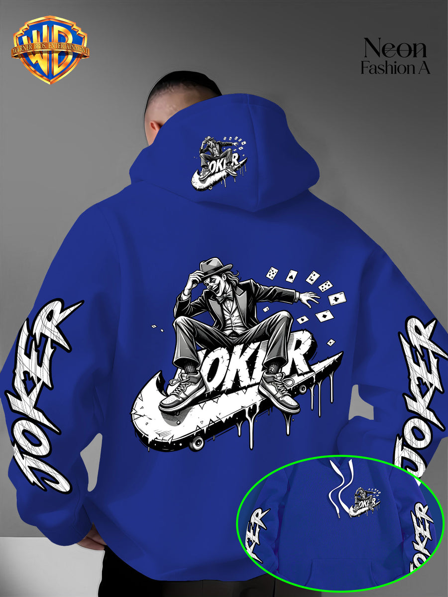 Warner Bros. Official Men'S Autumn Winter Trendy Print Hooded Fleece Sweatshirt, Long Sleeve Pullover Hoodie, Black And White Line Art Skateboard Joker Dripping Graffiti Trendy Print Pattern, Kangaroo Pouch And Drawstring Design - Blue