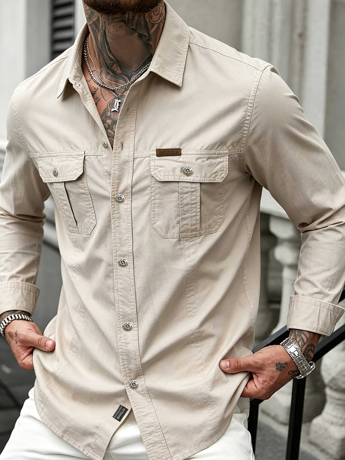Men'S Autumn/Winter Casual Long-Sleeve Shirt, Quick-Dry Top T-Shirt, Fashionable And Versatile Men'S Clothing, Suitable for Daily Work, Shopping, Travel, Vacation, Or Leisure Activities. It Can Also Be Given As a Gift to Others - Beige Color