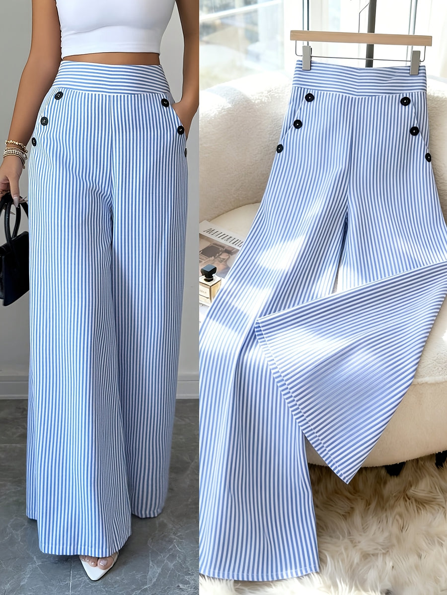 New Korean-style Spring/summer Fashion, Simple and Elegant Blue and White Striped Pants, High-waisted Straight-leg Loose-fitting Casual Women's Trousers - Sky Blue