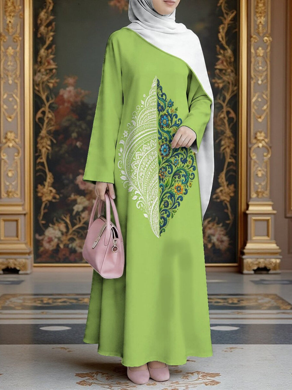 Women's Middle Eastern Style Muslim Elegant Robe, Bright Green Contrast Color Ethnic Pattern Print Long Dress, Loose Straight Cut with Long Sleeves, for Banquets, Prayers, and Outings, Loose Fit Flattering Figure, Non-Embroidered, Exotic Style Muslim - Mixed colors