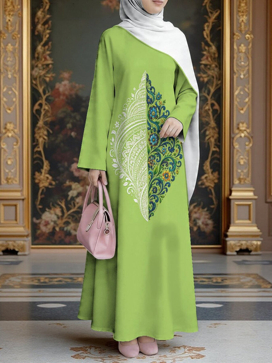 Women's Middle Eastern Style Muslim Elegant Robe, Bright Green Contrast Color Ethnic Pattern Print Long Dress, Loose Straight Cut with Long Sleeves, for Banquets, Prayers, and Outings, Loose Fit Flattering Figure, Non-Embroidered, Exotic Style Muslim - Mixed colors