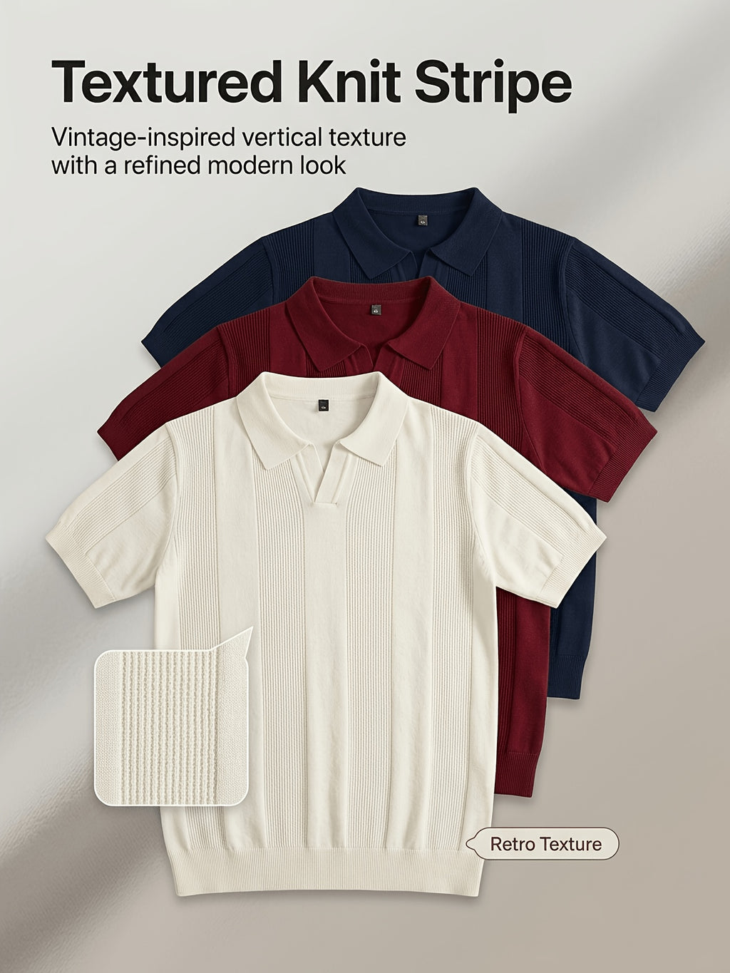 Men'S 3pcs Old Money Johnny Collar Vertical Textured Knit Polo Shirts, Breathable Casual Short Sleeve Tops, Multi-Color Set for Business Golf Vacation Summer Wear - Navy Blue-Wine Red-White