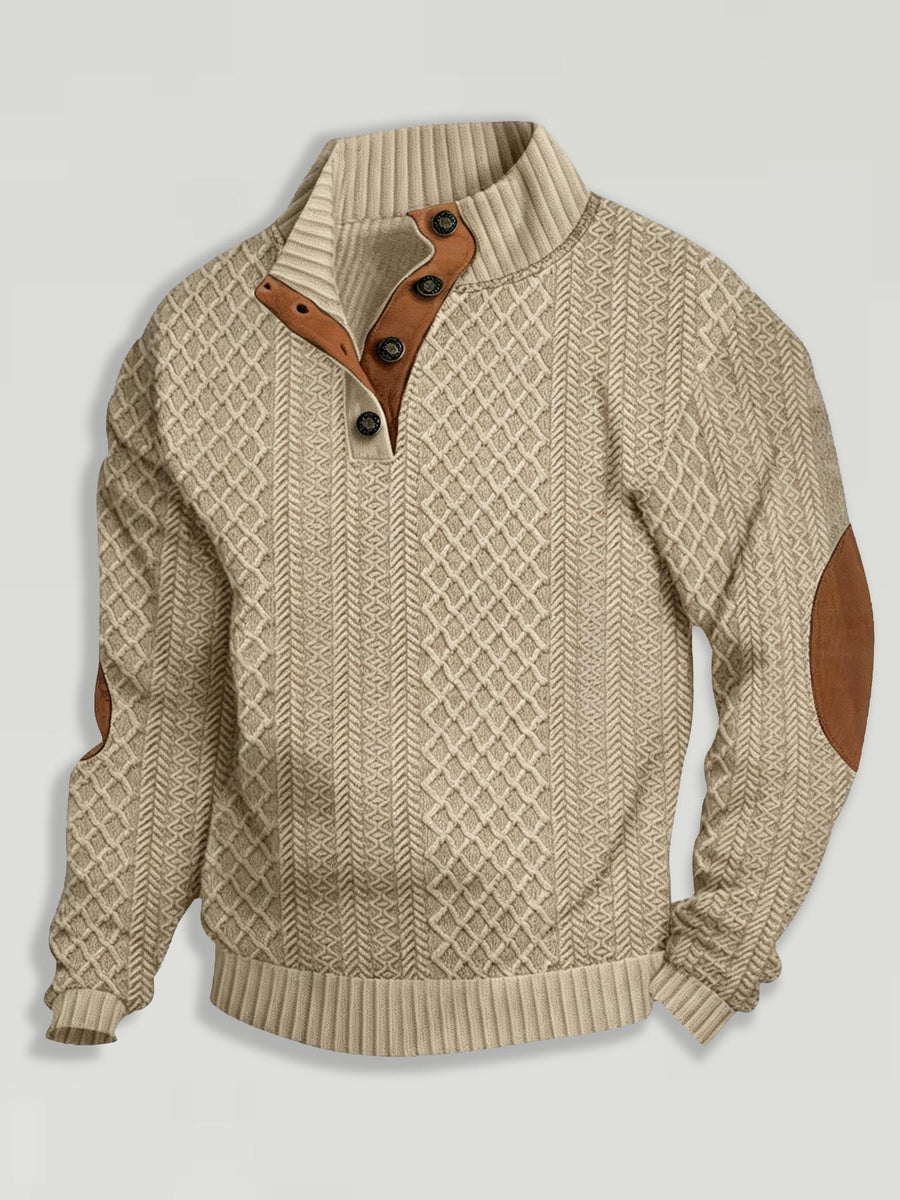 Men'S Henley Collar Knit Polo Sweater, Retro Checkered Jacquard Sweater, Patchwork Decor Long Sleeve Top, Casual Outdoor Wear - Khaki