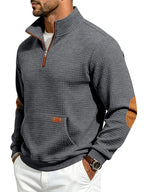Men's Waffle Knit Casual Loose-Fit Long Sleeve Color-Block Stand Collar Half-Zip Autumn/Winter Sweatshirt - Dark Gray