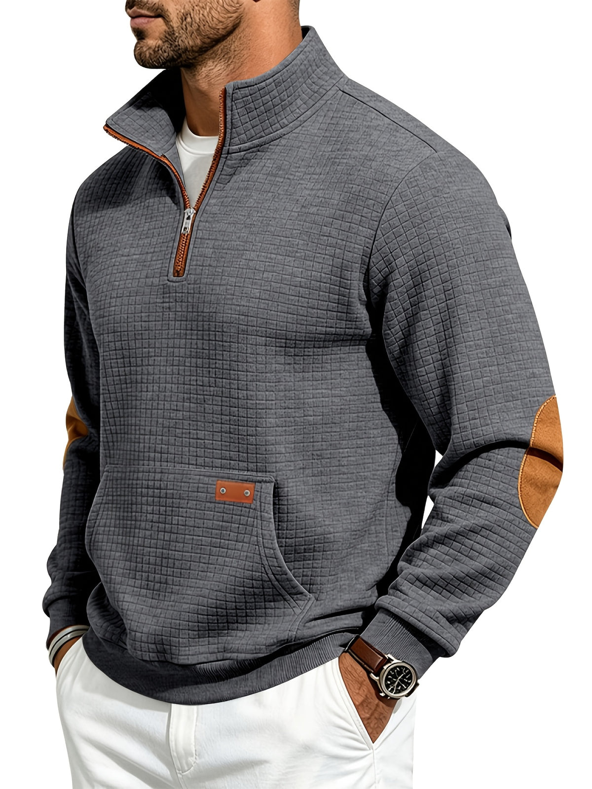 Men's Waffle Knit Casual Loose-Fit Long Sleeve Color-Block Stand Collar Half-Zip Autumn/Winter Sweatshirt - Dark Gray