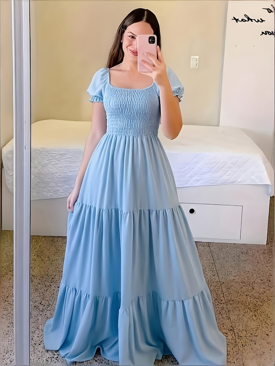 Four-Season Suitable Dress, Y2K Women's New Solid Color Square Neck Tie-Back Long Dress, Suitable for Streetwear, Commuting, Parties, Social Events, Vacations, Christmas, New Year, Valentine's Day, Women's New Clothing M186 - Sky Blue