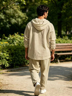 New Arrival: American Style Loose-Fit Men's Linen Casual Minimalist Trendy Hooded Long-Sleeve Shirt - Khaki
