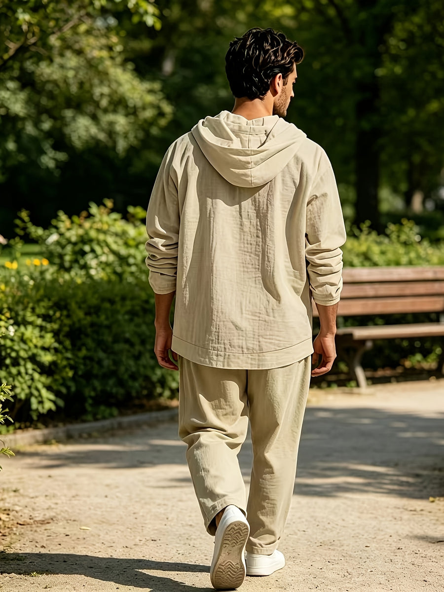 New Arrival: American Style Loose-Fit Men's Linen Casual Minimalist Trendy Hooded Long-Sleeve Shirt - Khaki