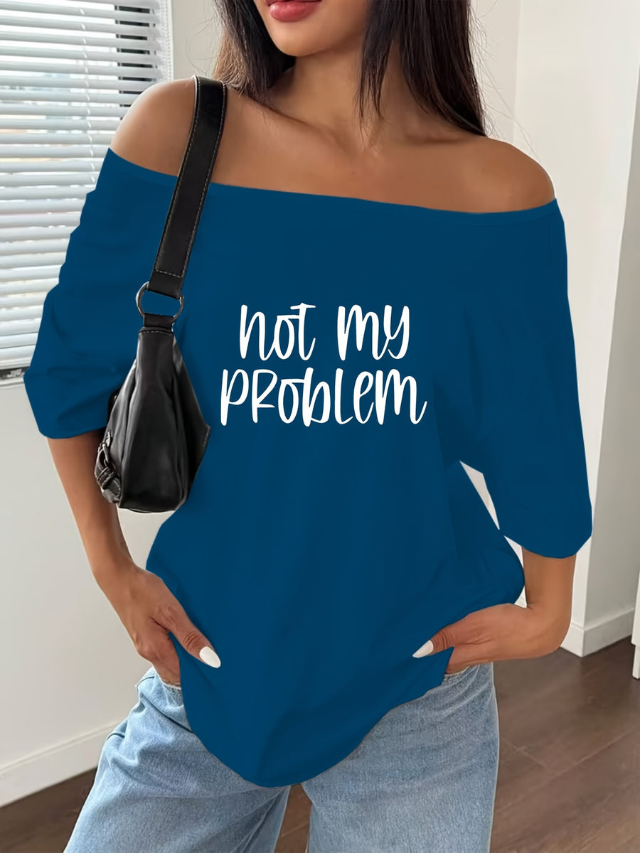 Women's Off-Shoulder Short Sleeve T-Shirt - Breathable Stretch Fabric Oversized Loose Fit Top with Off-Shoulder Neckline & Lettering Print, Soft Suitable for Spring Summer Beachwear, Casual Blouse for Layering - Sea Blue