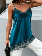 Summer Fashion Satin Crepe Spliced Lace Camisole with Irregular Hem, Elegant Casual Date Cocktail Women's Camisole Top - Dark Cyan