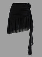 Attractive Black Floral Mesh Skirt with a Peplum Design - Black