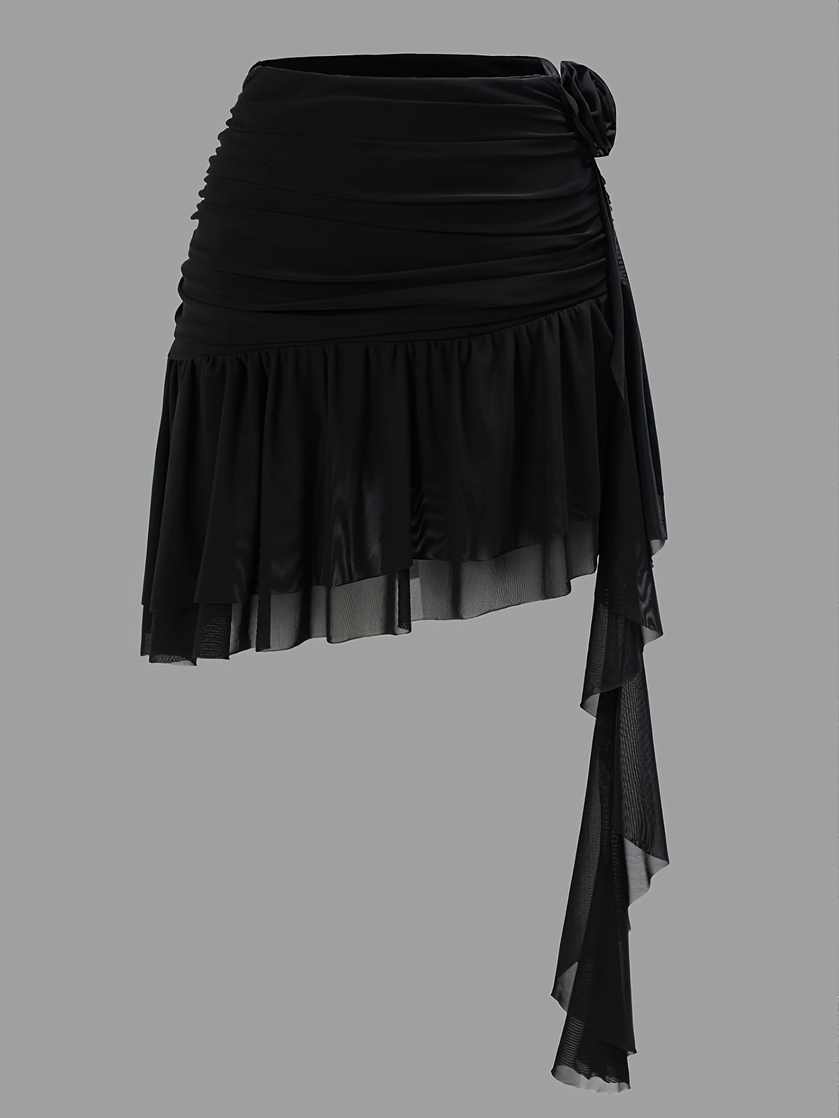 Attractive Black Floral Mesh Skirt with a Peplum Design - Black