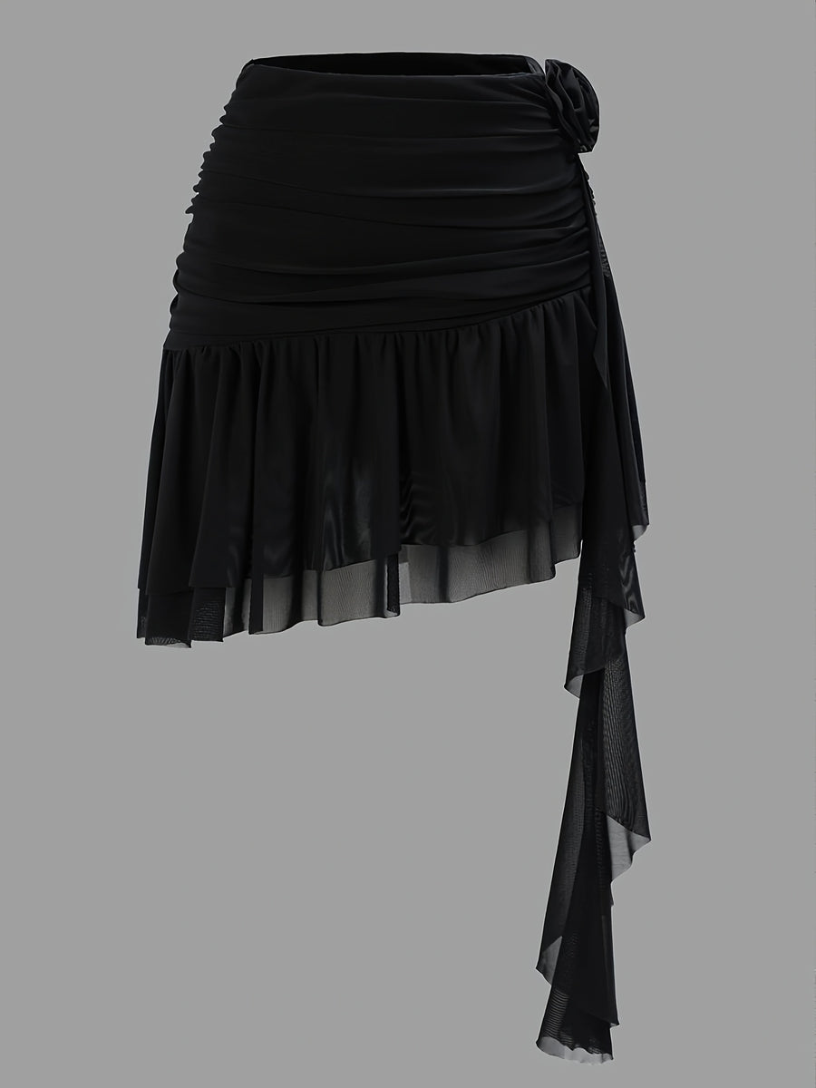 Attractive Black Floral Mesh Skirt with a Peplum Design - Black