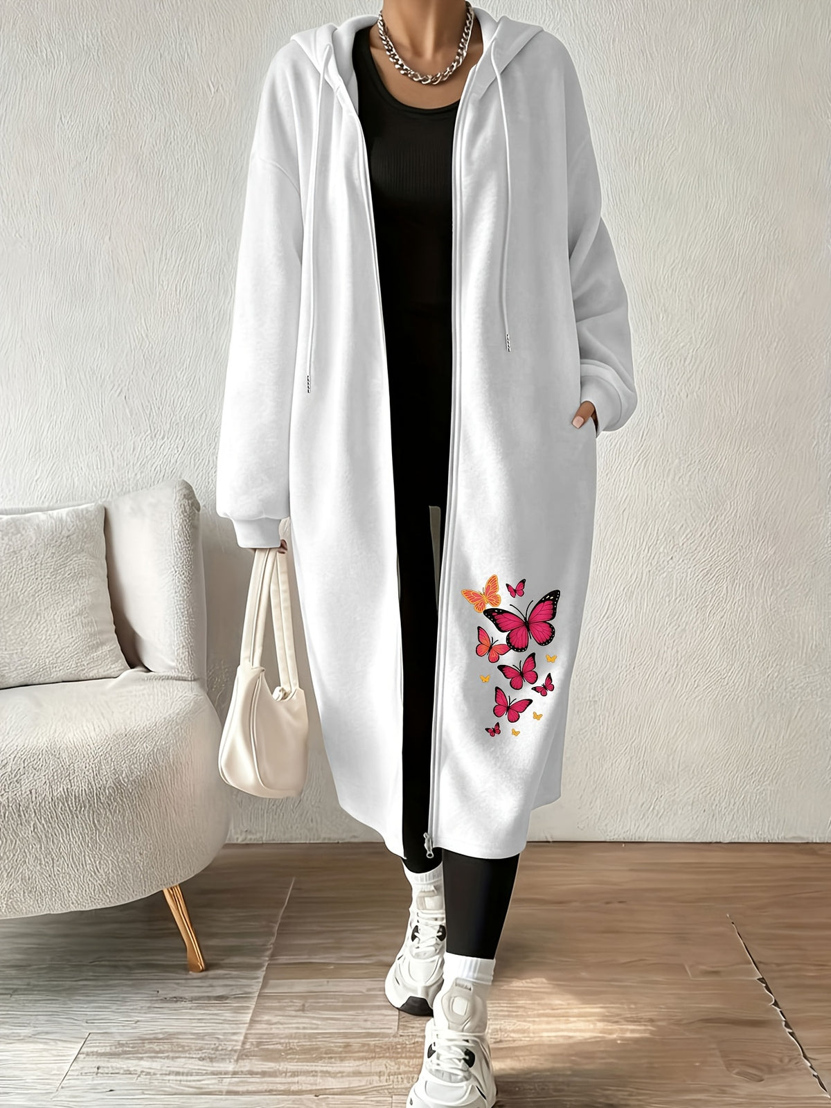 Women's Fashion Color-Block Zip-Up Jacket with Butterfly Print - White