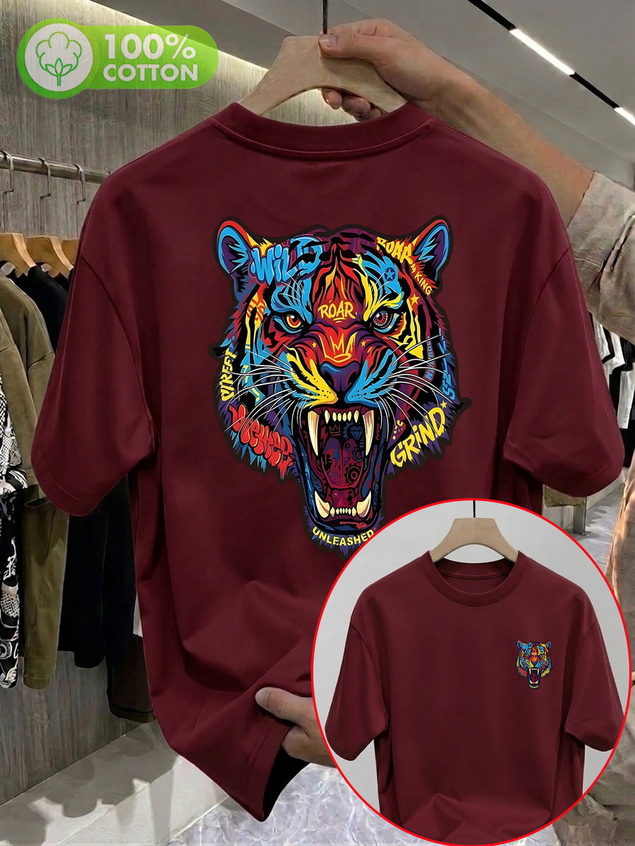 100% Pure Cotton Crew Neck Short Sleeve T-Shirt, Unisex. Features a Dazzling Tiger Head Graffiti Graphic with Double-sided Front and Back Prints, Vibrant Color-blocking, and Trendy Lettering. Breathable and Non-sticky on the Back - Burgundy