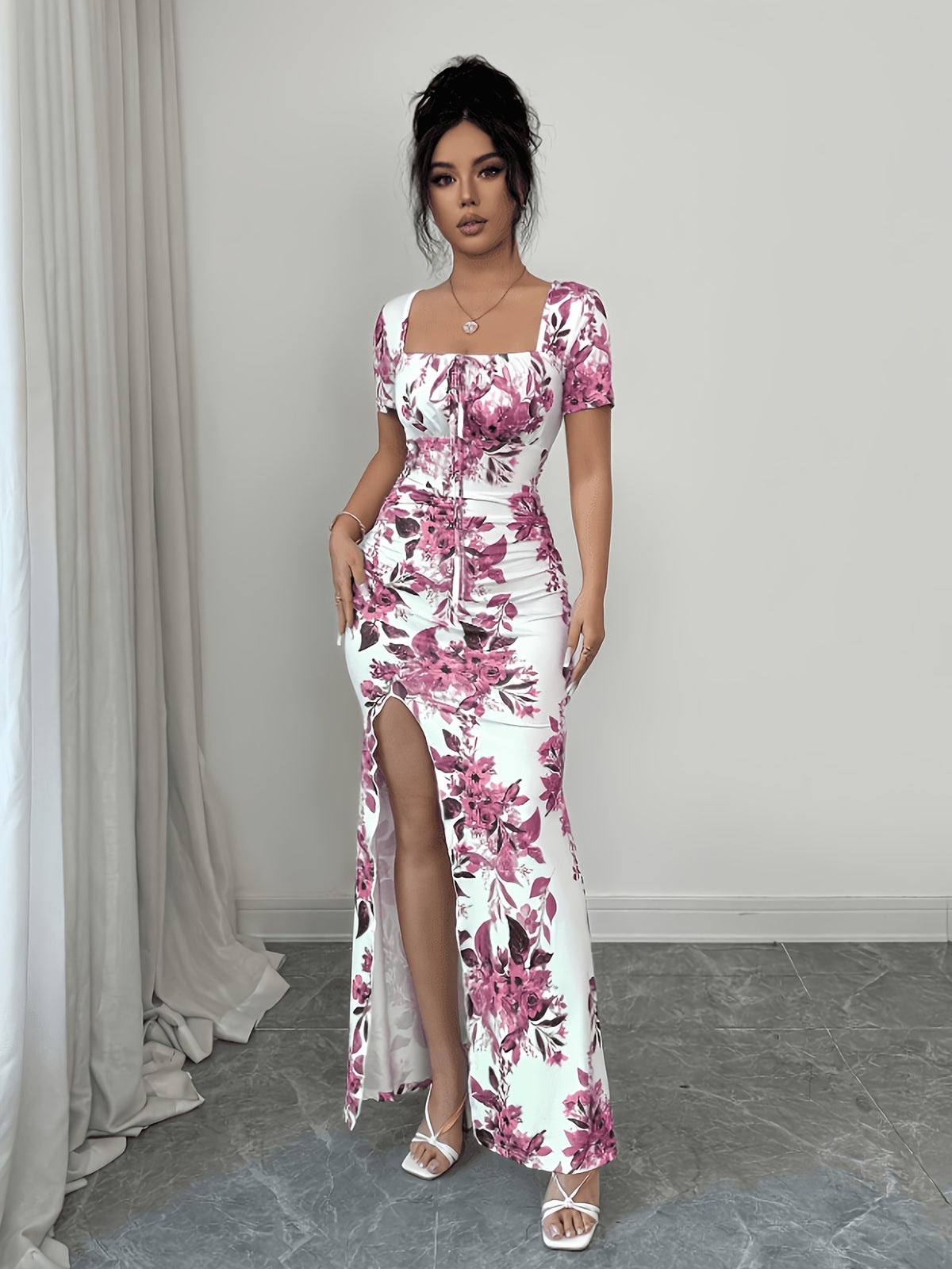Women'S Summer Short Sleeve Dress, Digital Print Vacation Dress, Beach Vacation Dress, Slit Hem, Ruched Waist Long Dress - Rose Red
