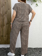 Leopard Print Casual Long Pants Set with Side Drawstring Pleated Home Wear, Can Be Worn Alone - Leopard Print