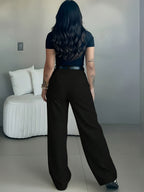 Elegant Easy Design Flare Pants for Women | Chic Solid Color, Suitable for Commuting, Office, and Casual Attire Not Included (excluding Belt) - Black