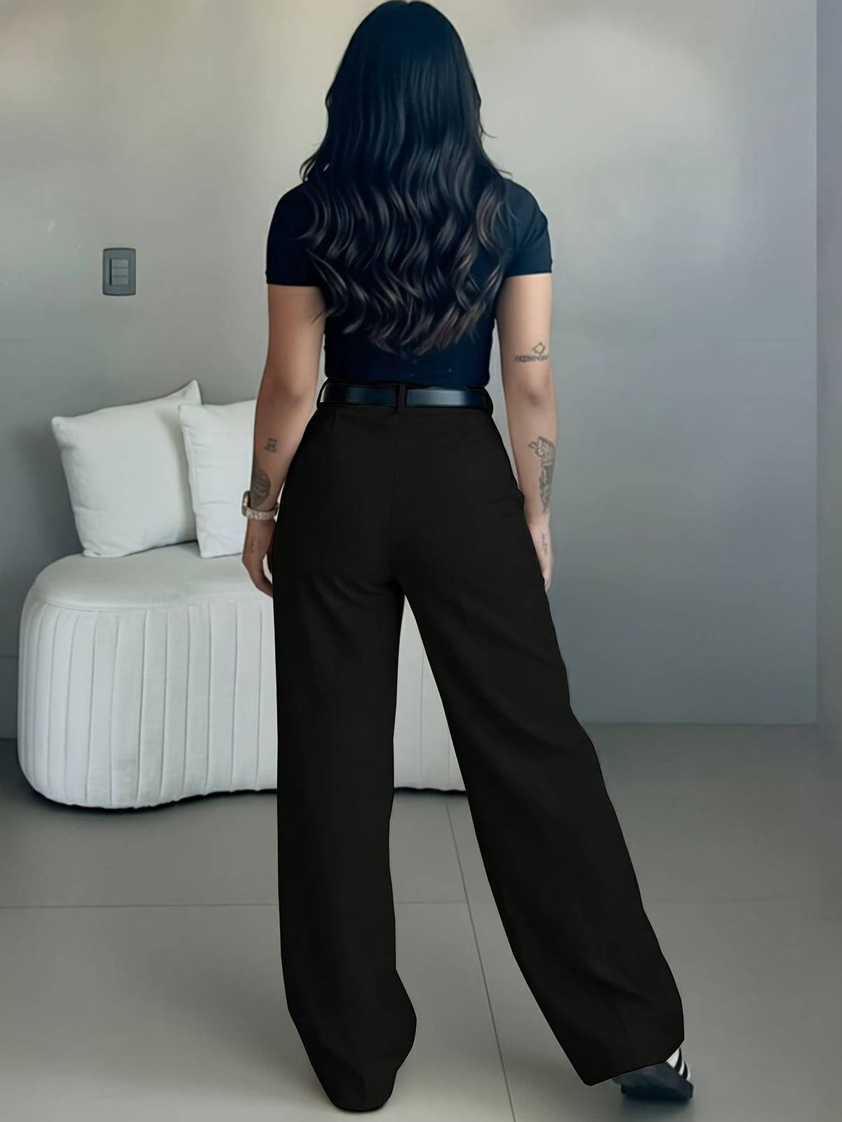 Elegant Easy Design Flare Pants for Women | Chic Solid Color, Suitable for Commuting, Office, and Casual Attire Not Included (excluding Belt) - Black
