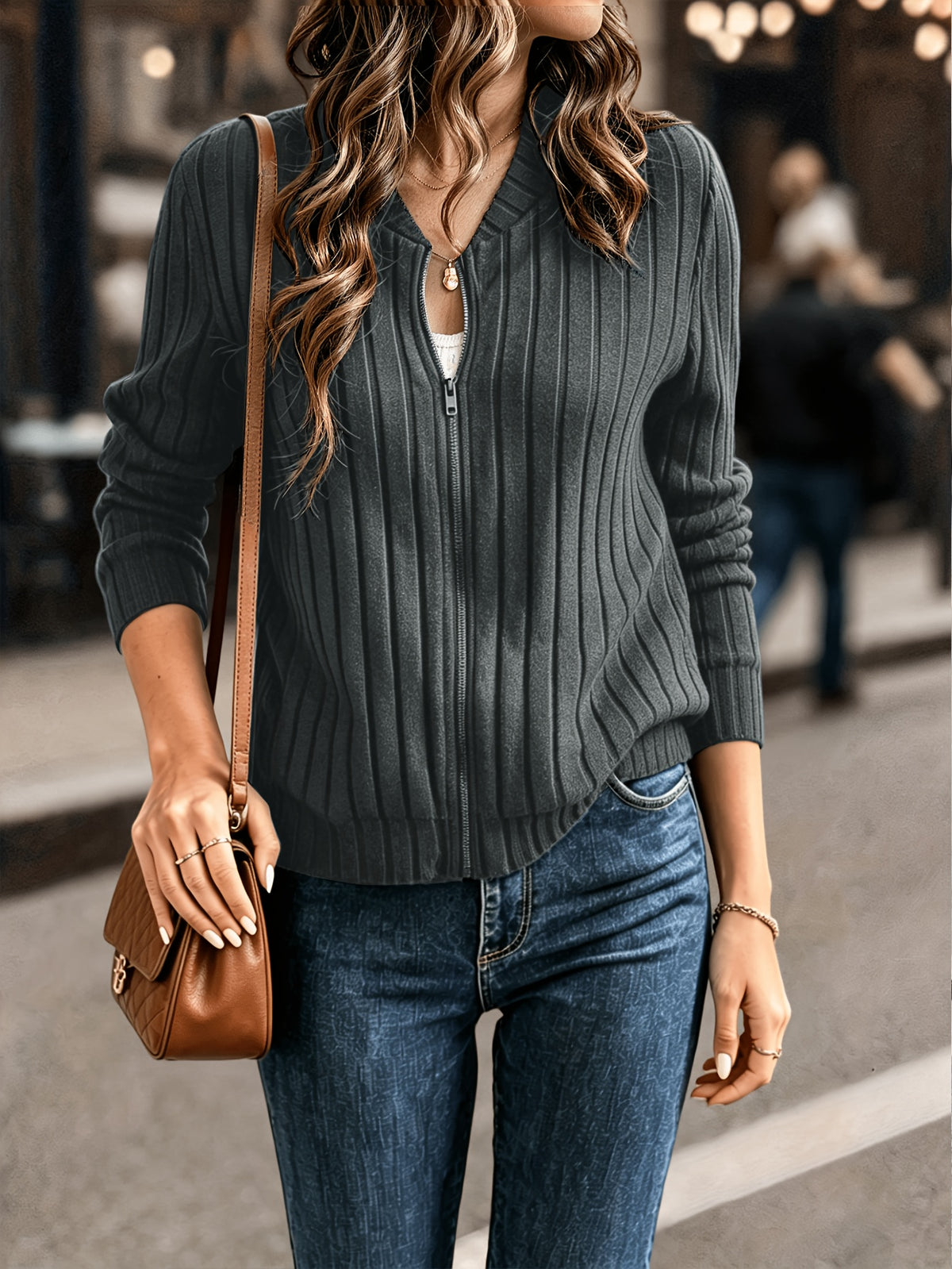 Elegant Directional, Elegant Solid Color Ribbed Zipper Long-Sleeve Jacket Coat - Autumn/Winter Style, Suitable for Commuting, Elegant Casual Wear, Wear - Dark Gray