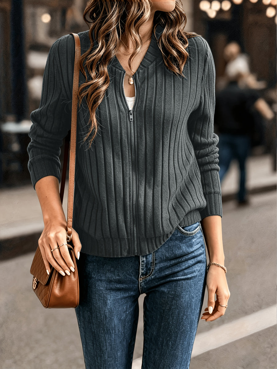Elegant Directional, Elegant Solid Color Ribbed Zipper Long-Sleeve Jacket Coat - Autumn/Winter Style, Suitable for Commuting, Elegant Casual Wear, Wear - Dark Gray