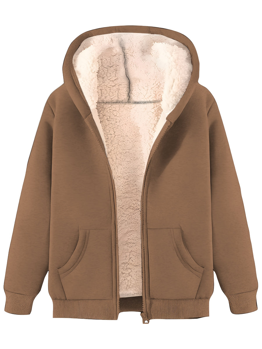 [Autumn Winter] Women'S Autumn Winter New Casual Warm Winter Fleece Hooded Sweatshirt Jacket - Dark Brown