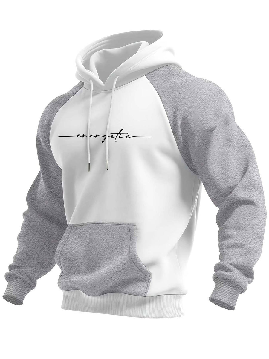 Men's Trendy Patchwork Print Hooded Sweatshirt, Casual Daily Wear Sporty Pullover, Autumn Essentials - White + light gray