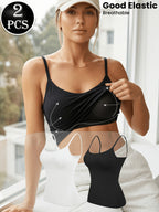 2pcs Set, Women'S Solid Color Tight-Fitting Thin Shoulder Strap Integrated Cup, with Its Own Bra, Solid Color Minimalist Style, Comfortable And Soft Breathable Base Shirt, High-Elastic Skin-Friendly Fabric, Can Be Worn Inside Or Outside - Black+White