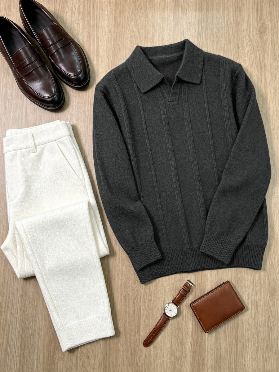 Men's Fall Winter V-Neck Buttonless Collar Knit Polo Sweater, Vertical Ribbed Long Sleeve Pullover with Ribbed Trim, Casual Top - Dark Gray