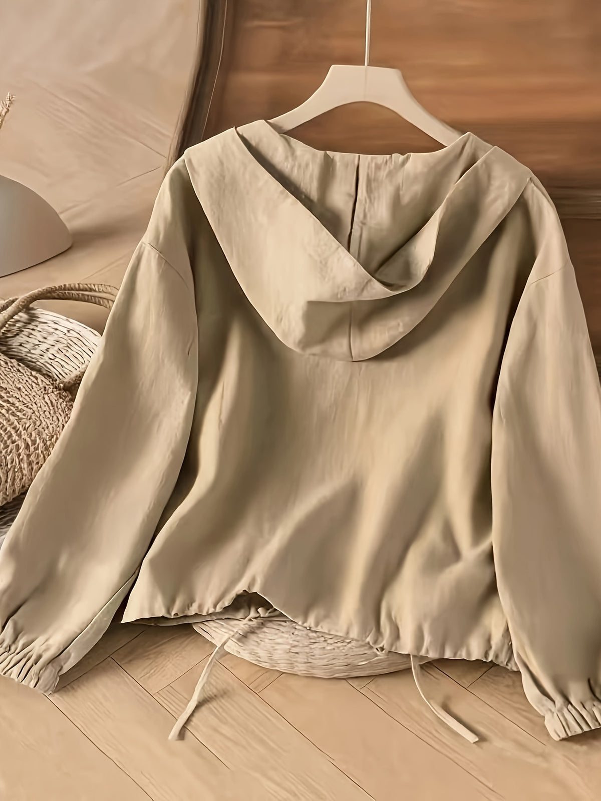 Casual and Comfortable Drawstring Adjustable Hem Zip-up Hooded Jacket, Versatile for Casual Attire - Khaki