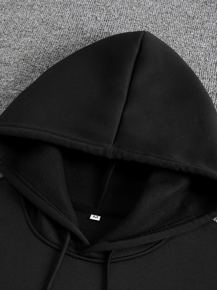 Men'S Autumn Winter Print Hooded Fleece Sweatshirt, Versatile Athletic Casual Loose Hooded Sweater - Black