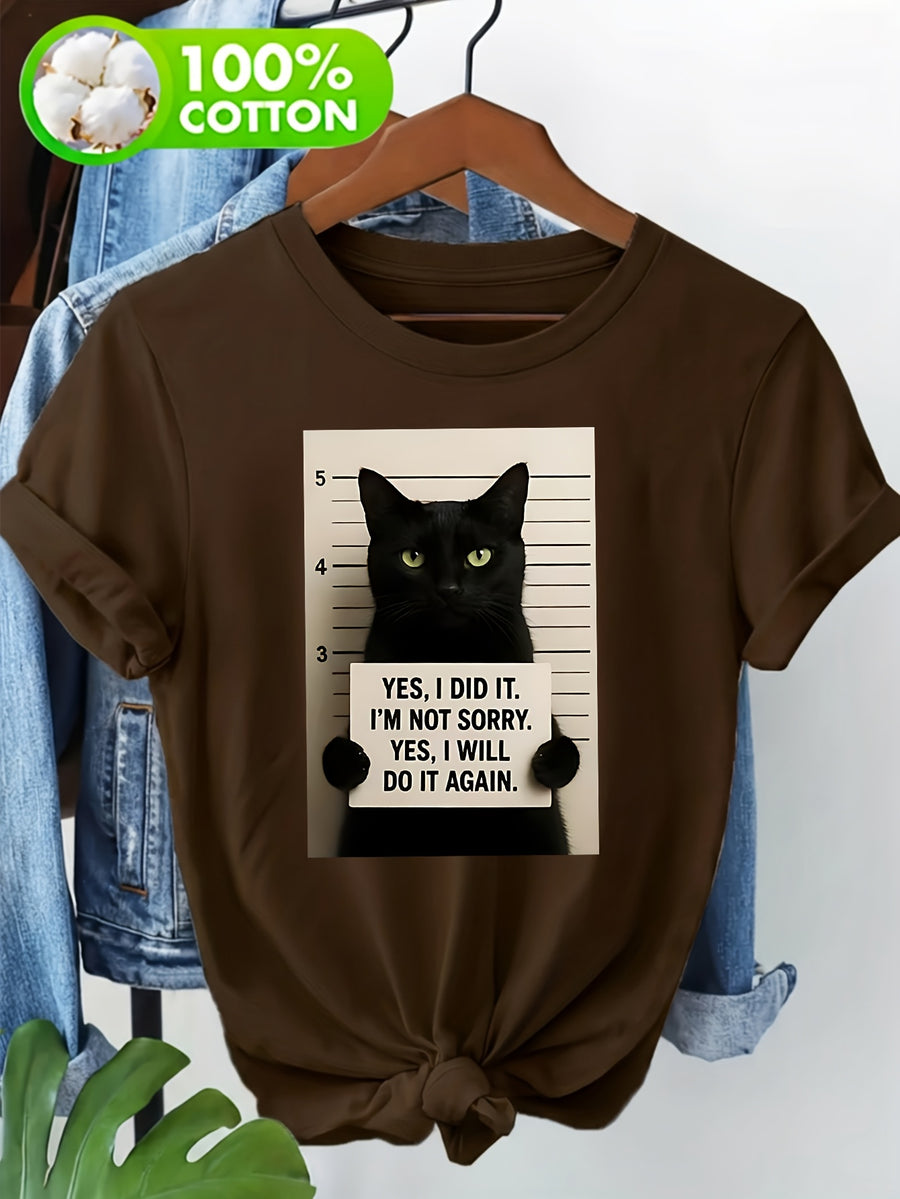 100% Women'S T-Shirt, Sassy "Yes I Did It" Black Cat Mugshot Print Short Sleeve Tee, Casual Round Neck Daily Tops - Coffee Brown
