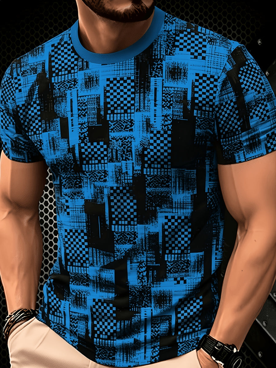 2026 Men'S All-Match Breathable Comfortable New Casual Top, Black Gray Blue Plaid Patchwork Print T-Shirt, Men'S Round Neck Short Sleeve Business Casual Top, Low-Key Premium, Plaid Patchwork, Abstract Lines, Dark Tone Texture, Daily Casual Wear - Style 7