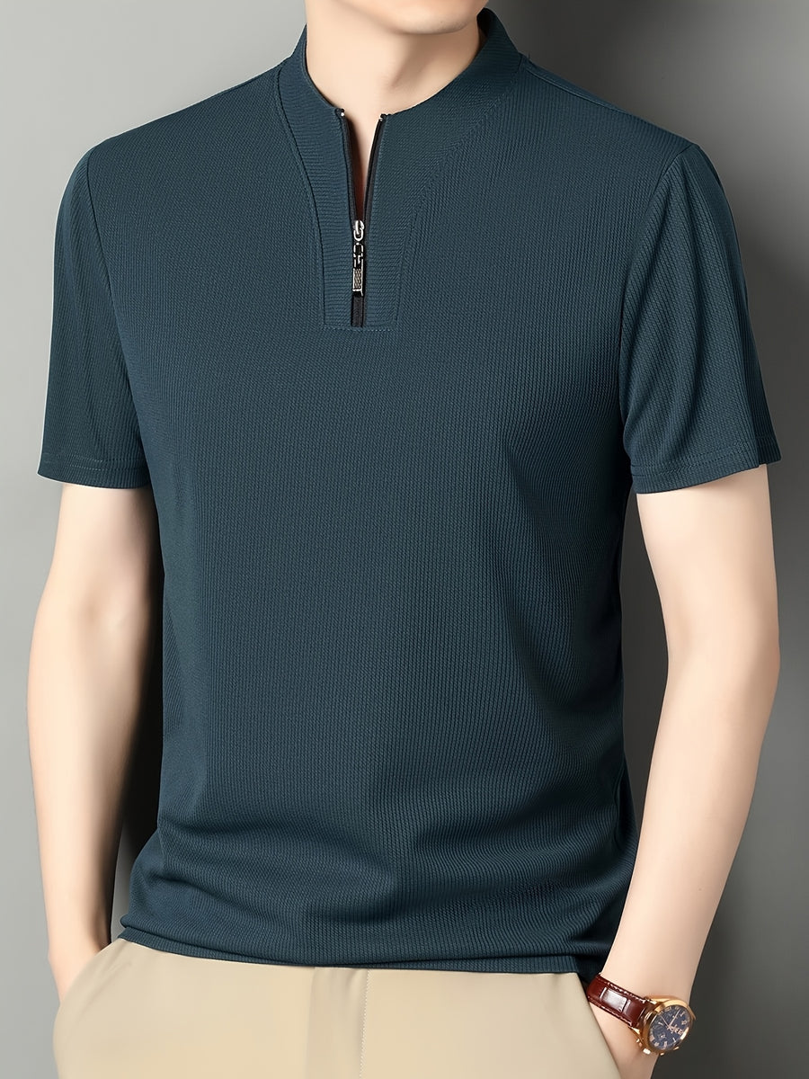 SaXing OBM New Spring/Summer Men's Polo Shirt, Solid Color Textured Ribbed Cable Knit Half-Placket Zipper Style Stand Collar Short Sleeve T-Shirt, Men's Business Casual Fashionable Breathable Versatile Henley Knit Pullover Base Layer Top - Sea Blue