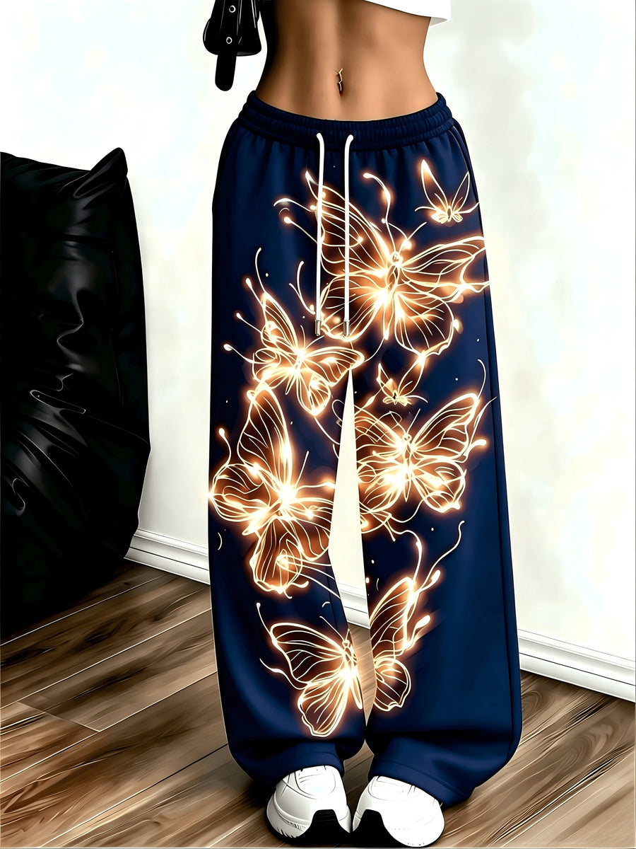 Women's Neon Butterfly Glow-in-the-dark Pattern Jogging Pants with Pockets, Elastic Waistband, and Straight-leg Design - Navy Color