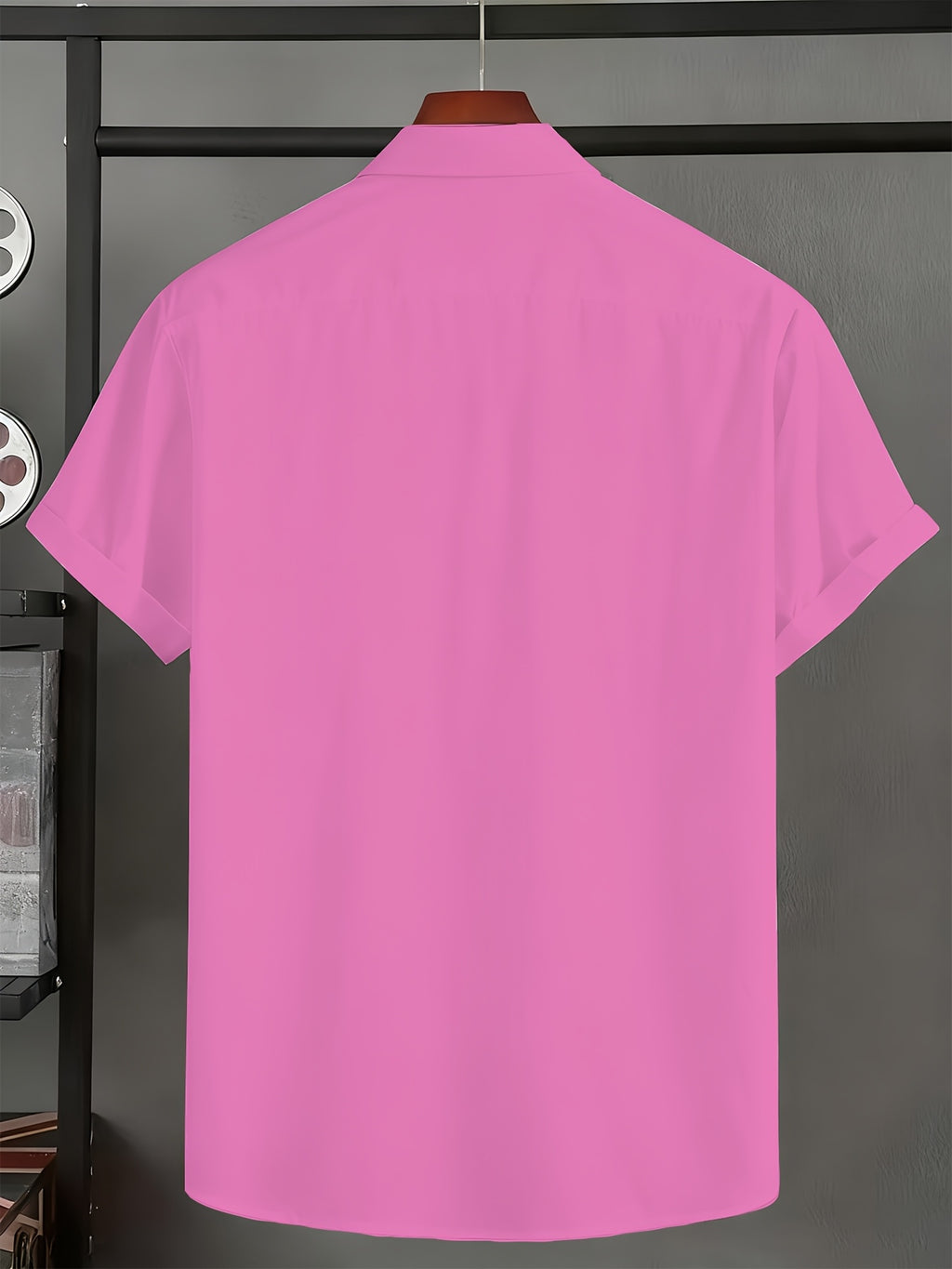 Men'S Solid Color Short Sleeve Shirt, Summer Lightweight Breathable Fabric, Classic Collar, Loose Fit, Textured Fabric, Suitable for Casual, Office & Weekend Wear, Short Sleeve Top, Non-Stretch Material, Durable Casualwear, Outdoor Casual - Pink Color