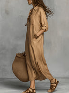 Women's Elegant Lapel Loose-Fit Long Sleeve Maxi Dress, Skin-Friendly and Breathable Faux Linen Fabric, Versatile for Vacation, Commuting, and Daily Wear, Flattering and Minimalist Design, Relaxed Style Long Dress for Spring, Summer, and Autumn - Camel