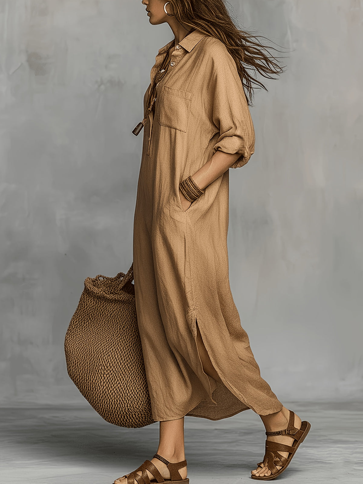 Women's Elegant Lapel Loose-Fit Long Sleeve Maxi Dress, Skin-Friendly and Breathable Faux Linen Fabric, Versatile for Vacation, Commuting, and Daily Wear, Flattering and Minimalist Design, Relaxed Style Long Dress for Spring, Summer, and Autumn - Camel