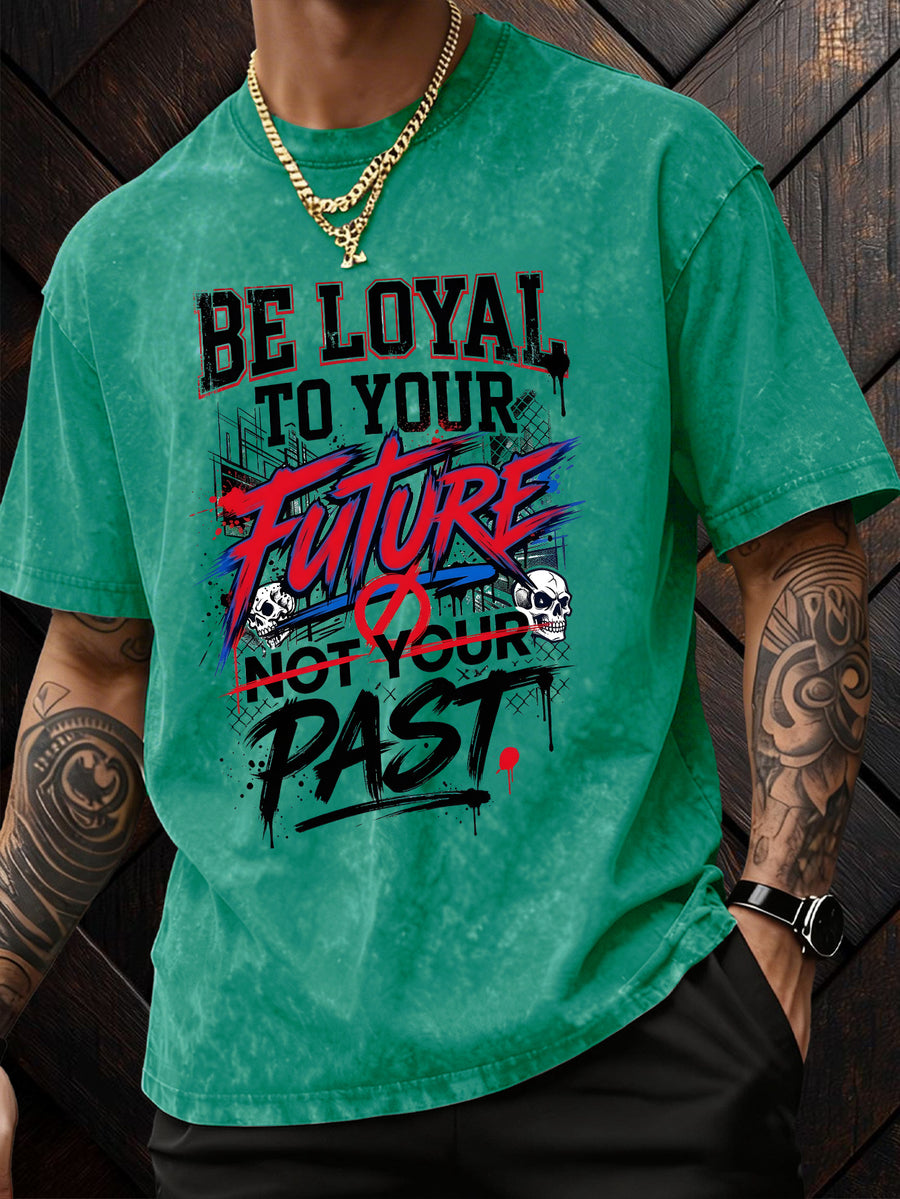 American-Style Washed Vintage Skull Graphic T-Shirt, Dark High Street Fashion Short Sleeves, Loose Fit with Motivational Slogans for Men - Green